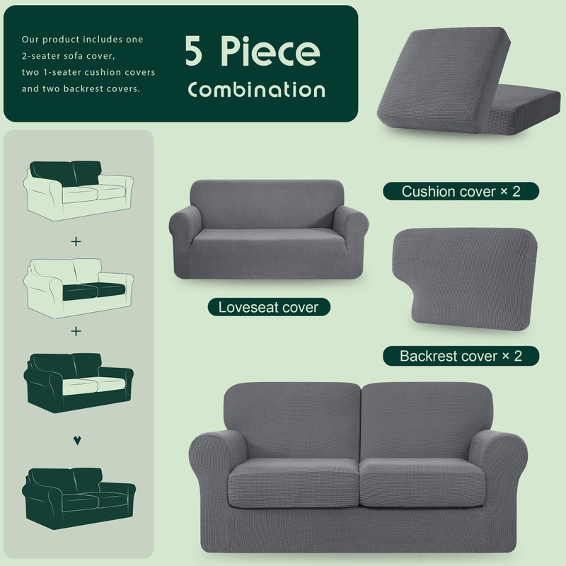 CHUN YI 5 Piece Loveseat Covers for 2 Cushion Couch  2 Seater Stretch Sofa Slipcover with Separate Backrest and Cushion Covers  Washable Furniture Protector for Dogs Pets (Medium  Light Grey) - Image 5